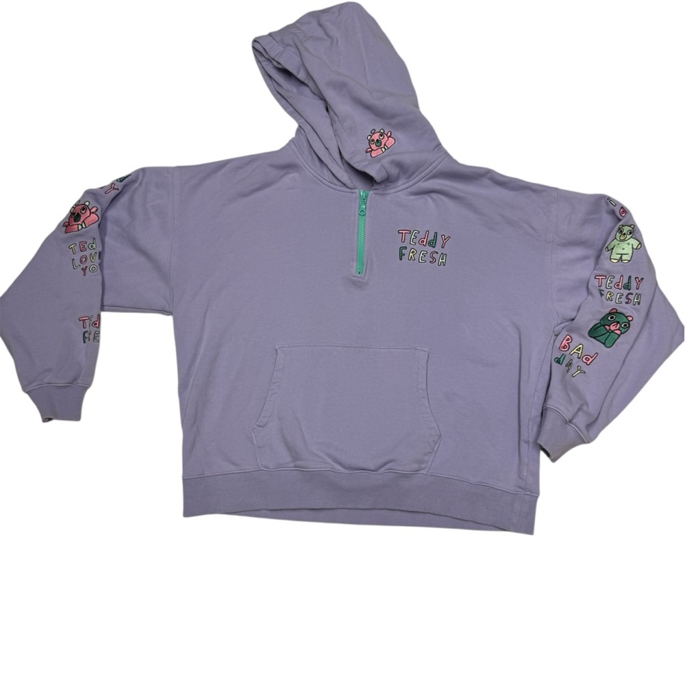 Teddy Fresh Lavender Embroidered Half Zip Hoodie Teddy Bear Graphic Streetwear